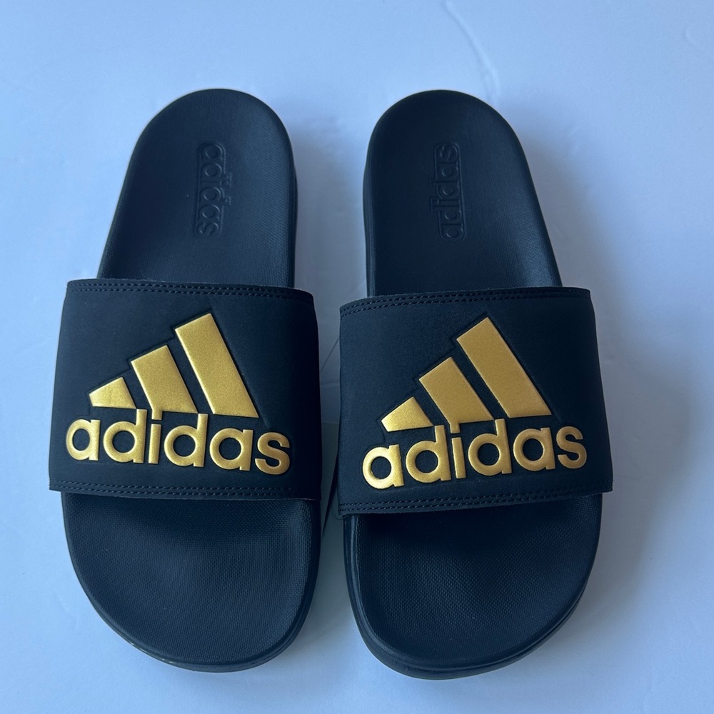 Adidas Adilette Comfort Black Slides Sandals with Gold Logo